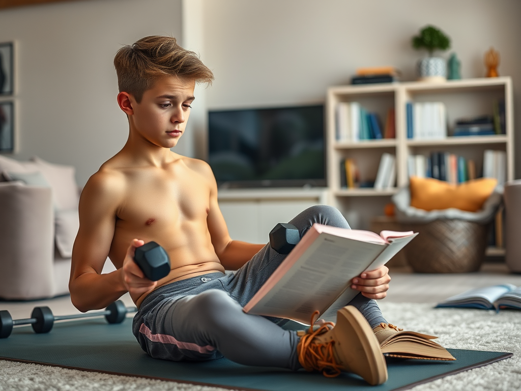 Мальчик с гантелей сидит на коврике, читая книгу в уютной комнате с книжными полками.